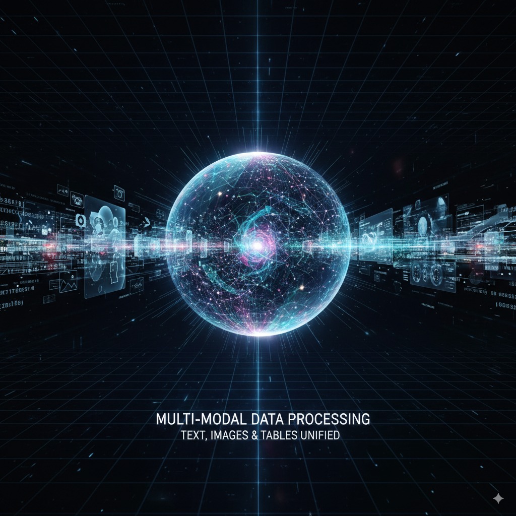 An abstract visualization of multi-modal data being processed.